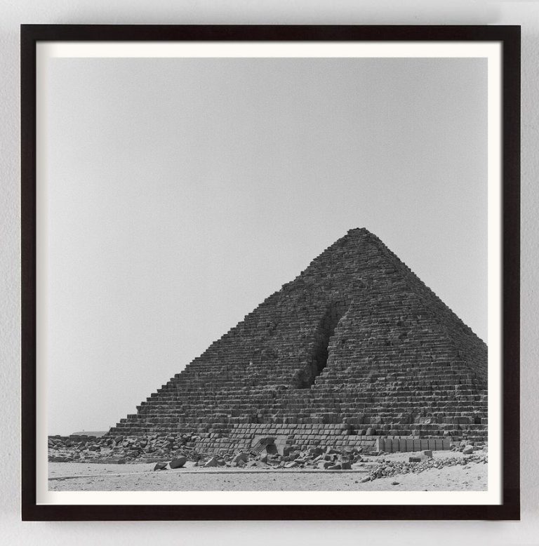 Black and white photograph of Giza Pyramids