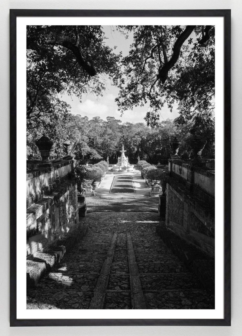 Black and White Photograph of Garden with fountain