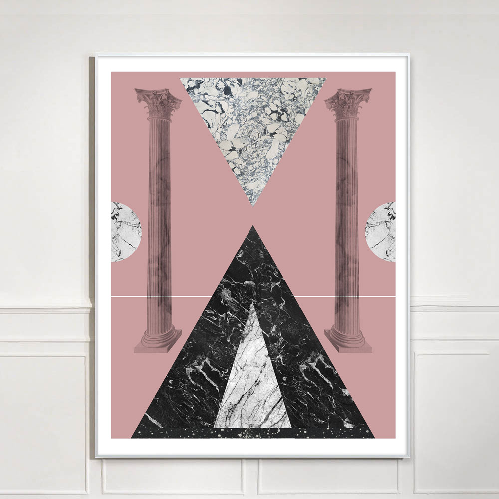 geometric collage with marble texture and greek columns with black and pink