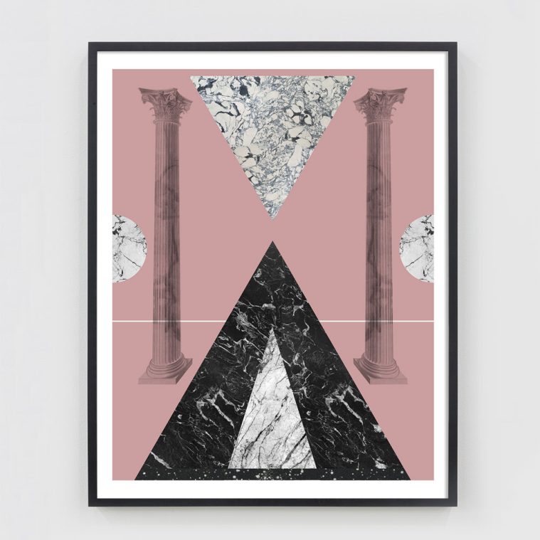 geometric collage with marble texture and greek columns with black and pink