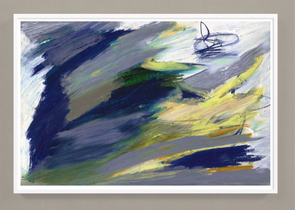 navy blue and yellow abstract painting print