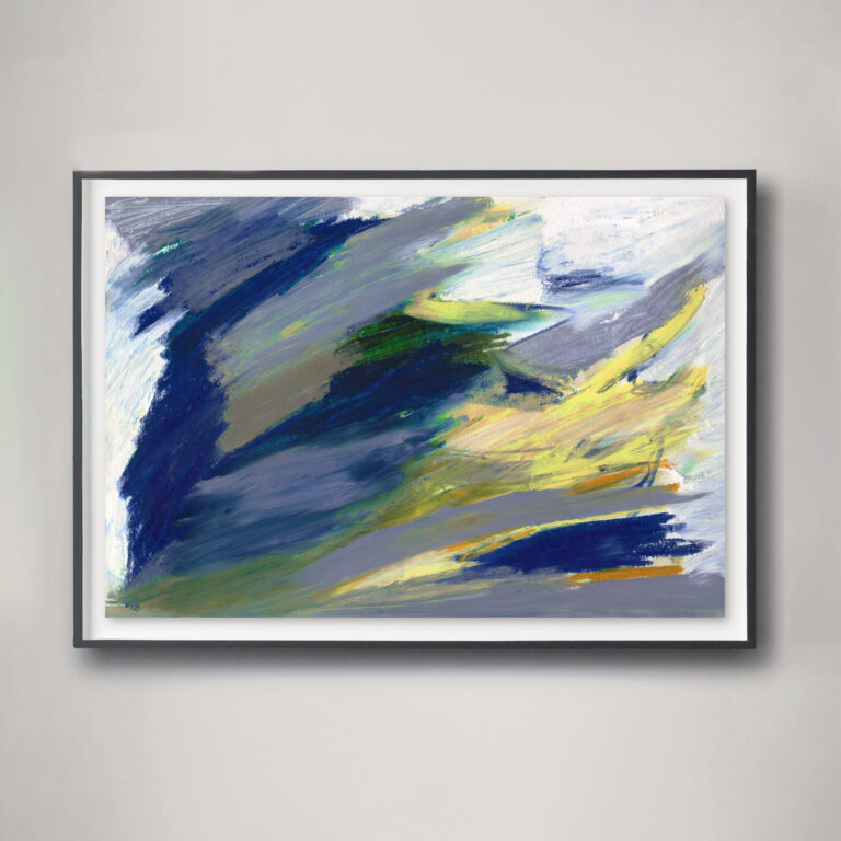 blue and yellow abstract painting in black frame