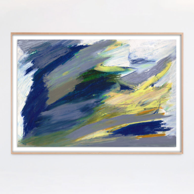 blue and yellow abstract painting in maple frame