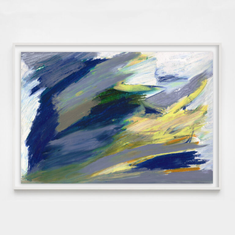 blue and yellow abstract painting in white frame