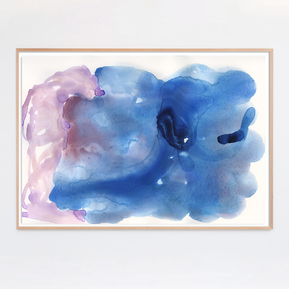 blue and pink large watery abstract painting