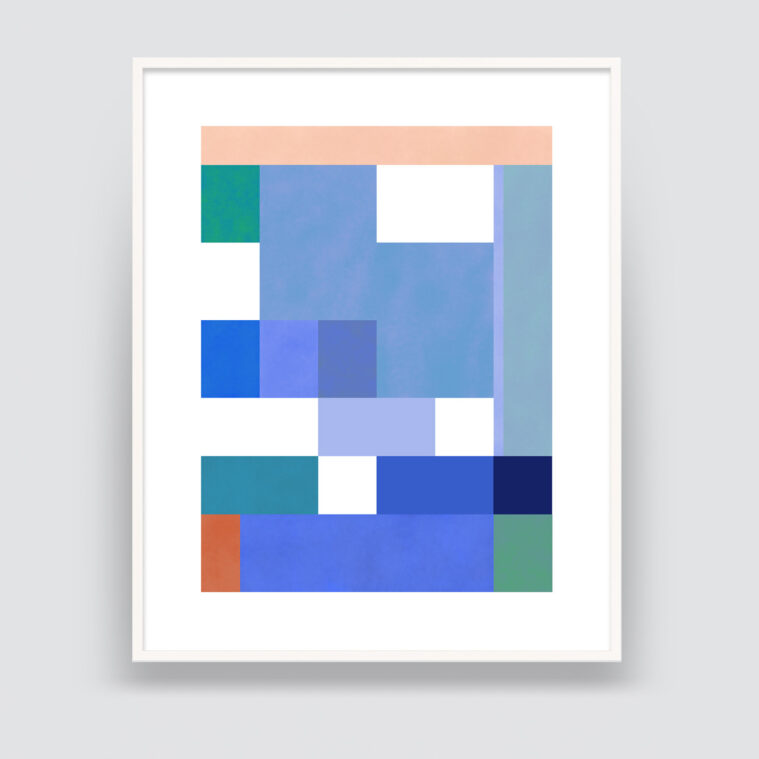 abstract geometric print in blues and pink