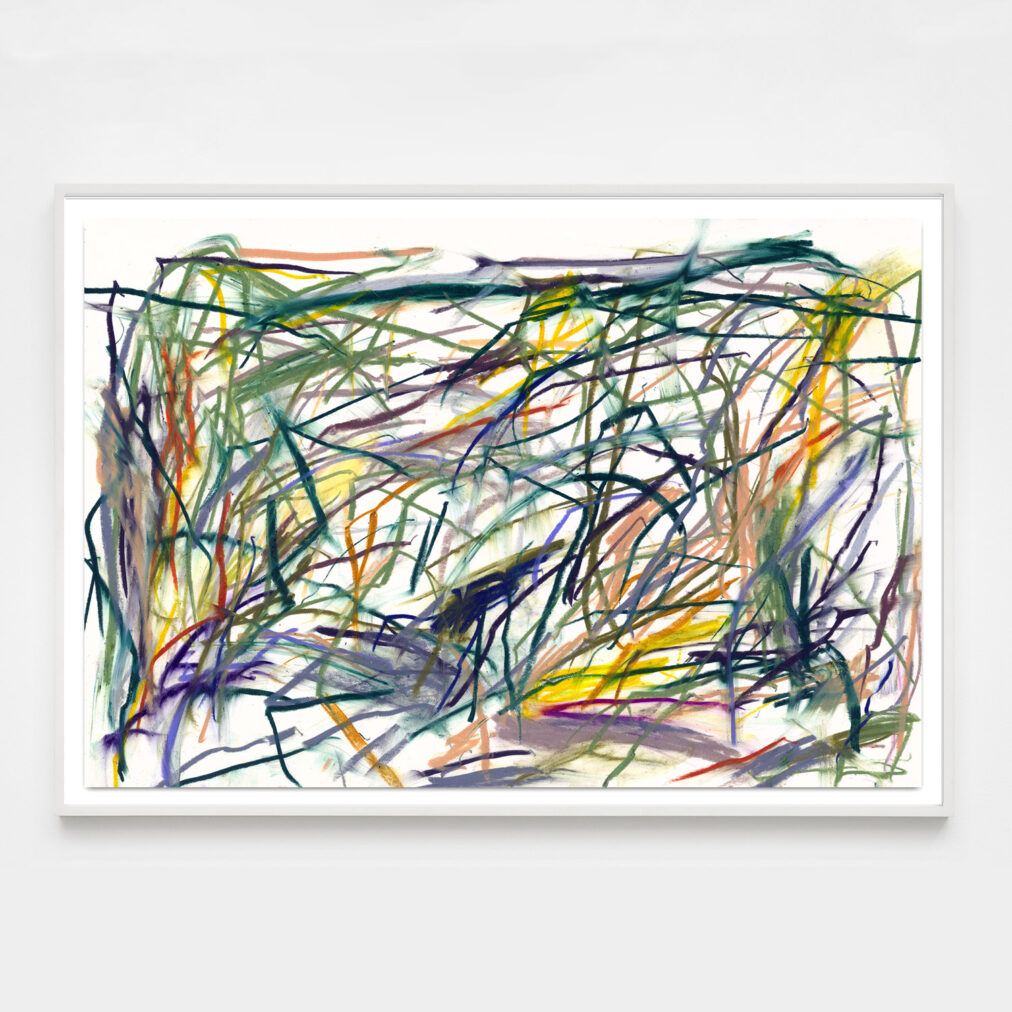 abstract print in green, yellow, orange, purple, gray