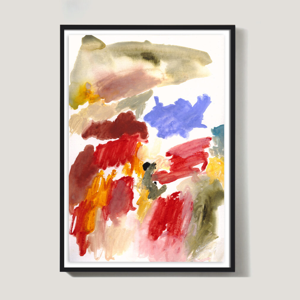 colorful abstract art print with red, blue, yellow, pink, green