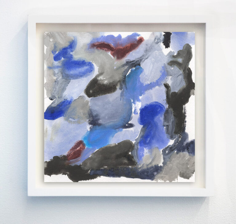 blue and black abstract modern print with red accents