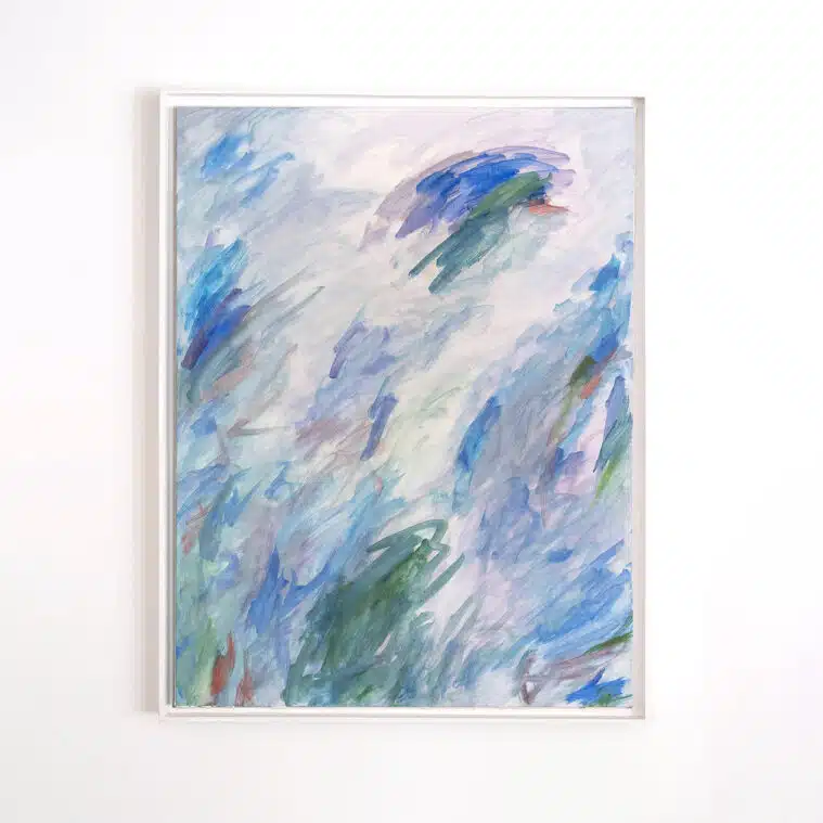 abstract painting in blue, green, and purple