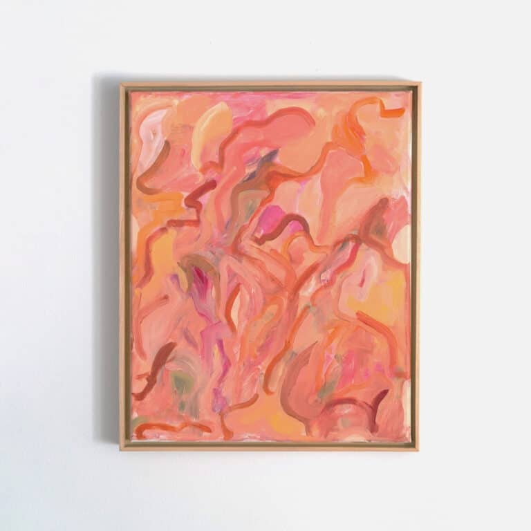 small abstract painting in peach, yellow, cream, and pink with wood frame